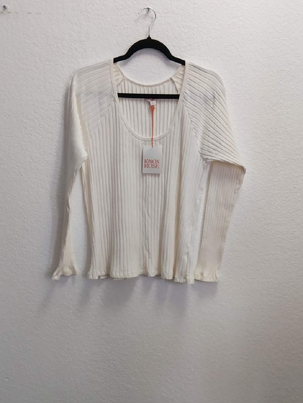 Knox Rose Cream Ribbed Scoop-Neck Long Sleeve Top